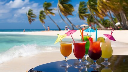 A stunning selective focus image of colorful, exotic cocktails artfully arranged on a white sandy beach