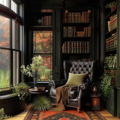 Cozy reading nook featuring a leather armchair, bookshelves filled with books, and a large window offering an autumn garden view.