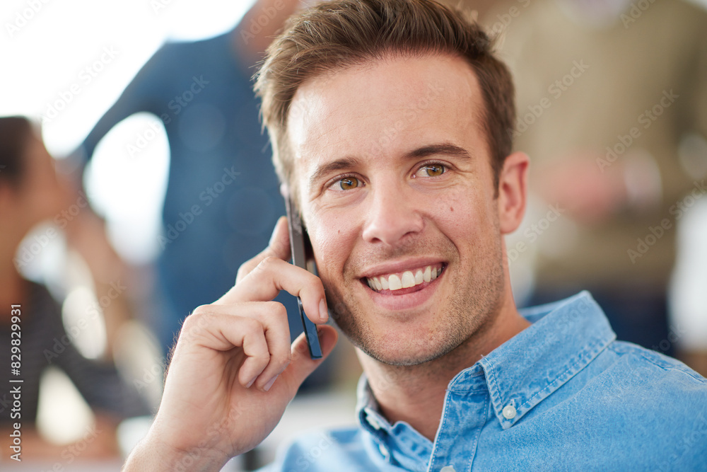 Poster Discussion, phone call and man in office for consultation with speaking and virtual communication for networking. Worker guy, mobile conversation and talking to contact in agency for deal negotiation