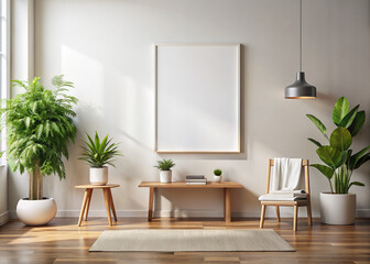Modern scandinavian home interior with mock up photo frame. Stylish living room. Template. Ai generated