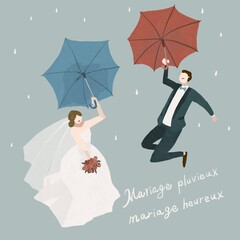 傘をさしてジャンプする新郎新婦、雨の日の結婚式、ウエディング、結婚