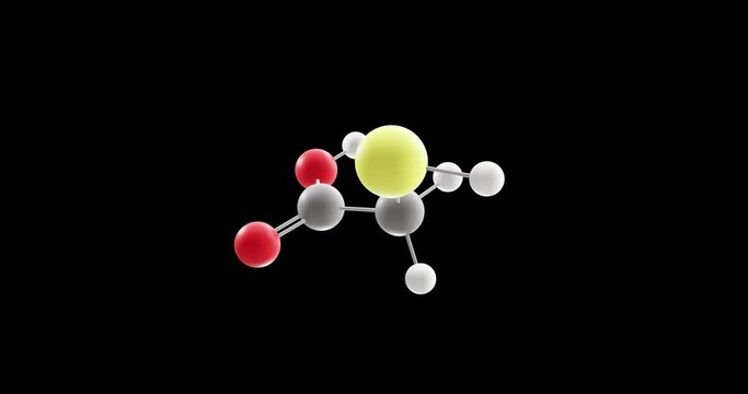 Thioglycolic acid molecule, rotating 3D model of mercaptoacetic acid, looped video on a black background