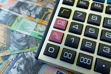 Aud 50 100 AUS  Australia banknotes, money and calculator