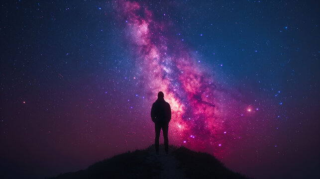 A silhouette of a man standing on a hill looking up at the colorful milky way on the sky
