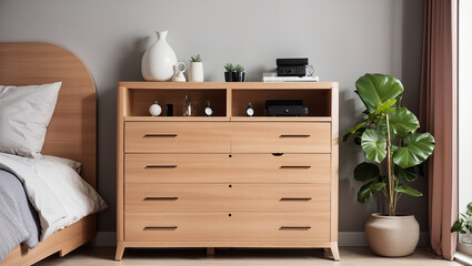  a tall wooden dresser with brown handles and a shorter matching dresser to the left