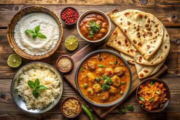 A indian dinner with paratha, curry, rice on a wooden table top view. Ai generated