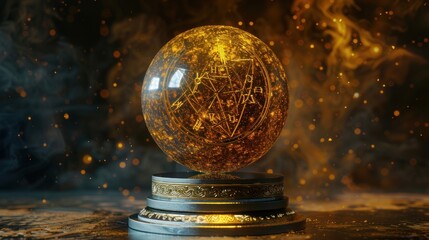 Fortune Teller's Stone, Ancient mystical sphere, gold color, with enigmatic symbols and magic symbols and zodiac symbol,