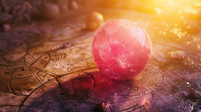 Fortune Teller's Stone, Ancient mystical sphere, pink color, with enigmatic symbols and magic symbols and zodiac symbol,