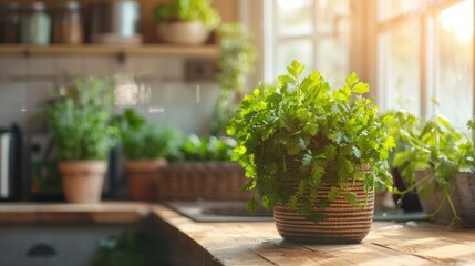 Fresh Coriander on a Stylish Kitchen Counter A Natural Light Photo Capturing the Essence of this Flavorful Herb