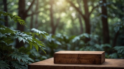 Nature-inspired wooden podium featuring a background of gently blurred foliage.