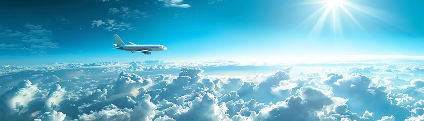 Take a photo of a plane flying high above the clouds. focus on the plane and make the clouds look soft and detailed.