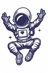 A cartoon astronaut is jumping in the air