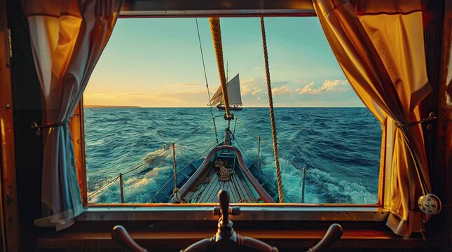 Vast ocean surface viewed from the window of a captain's ship cabin, capturing a maritime adventure
 Seamless looping 4k time-lapse virtual video animation background. Generated AI
