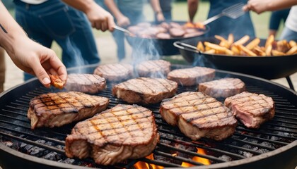 Naklejka premium close-up of barbecued meat, friends having fun in the background 