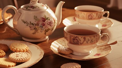 Fototapeta premium A warm and cozy scene of a wooden table adorned with a beautiful teapot, a steaming cup of tea, and a plate of delicious cookies.