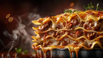 Close-up of cheesy, meaty lasagna with savory sauce layers, steaming hot and fresh from the oven, garnished with herbs.