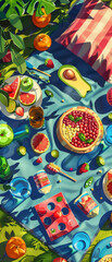 Fototapeta premium Picnic with cornhole game, joyful laughter, sunny day, vibrant colors, detailed food and blankets, cheerful atmosphere
