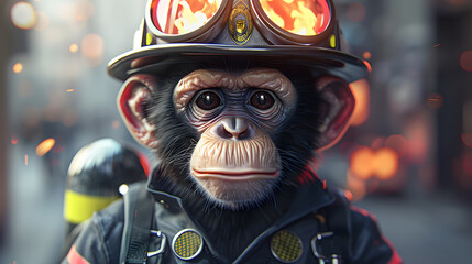 Cute monkey wearing firefighter uniform