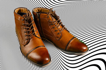 A pair of premium calfskin boots on a black and white background. Horizontal shot.