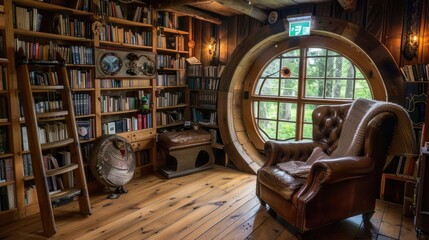 Cozy rustic reading nook with leather chair and surrounded by bookshelves filled with books, evoking a sense of warmth and tranquility.
