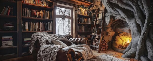 Cozy reading nook with a leather armchair, bookshelves, and a warm fireplace carved into the shape of a tree, creating a magical atmosphere.