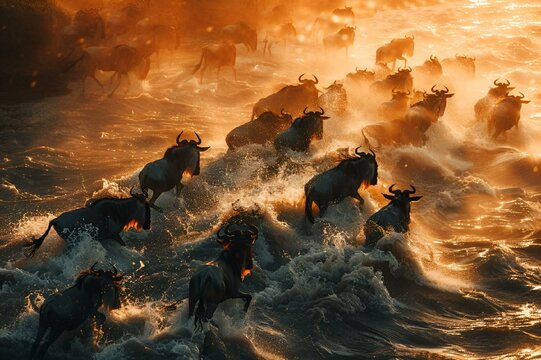 Herd of large wildebeest running across a lake, AI-generated.