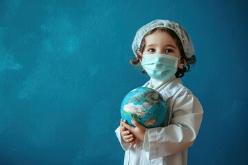 Little child as a doctor with a medical mask and clothes holding a ball of the world in her hands.,...