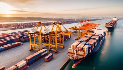 Naklejka premium Aerial view of cargo containers and freighters at the commercial port