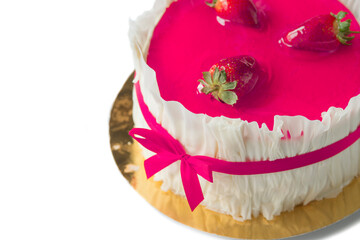 Strawberry cake on white background , selective focus.