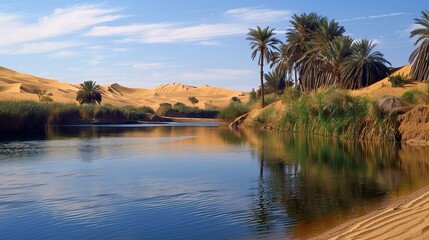 Obraz premium A stunning green oasis surrounded by desert. Nature and travel concept.