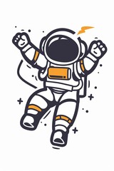 A cartoon astronaut is jumping in the air with his arms outstretched
