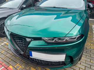  new cars parked near car dealership. Concept of purchase sale new luxure auto