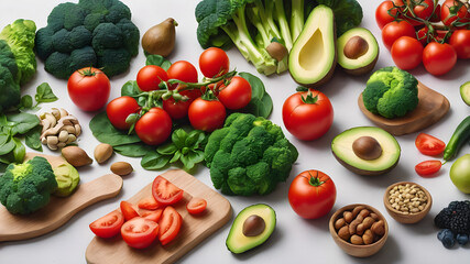 Healthy Kitchen Background: Clean Space with a Variety of Vegetables, Avocado, Mushrooms, and tomatoes