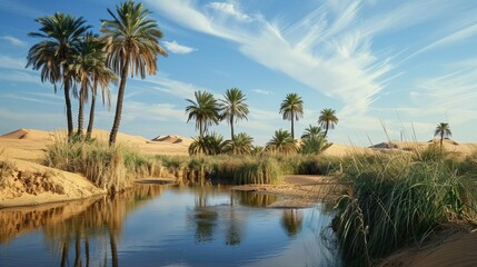 Obraz premium A stunning green oasis surrounded by desert. Nature and travel concept.