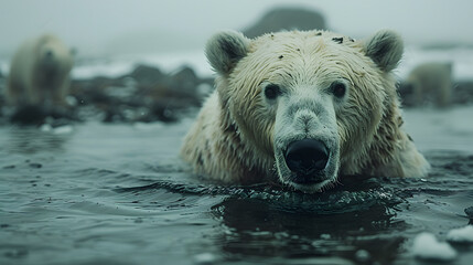 A polar bear stranded on melting ice, impact of global warming and climate crisis on wildlife. the urgency of rising sea levels and environmental conservation.