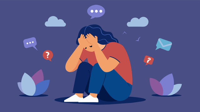 A person with their head buried in their hands feeling hopeless and defeated after being bombarded with body shaming messages on social media.. Vector illustration