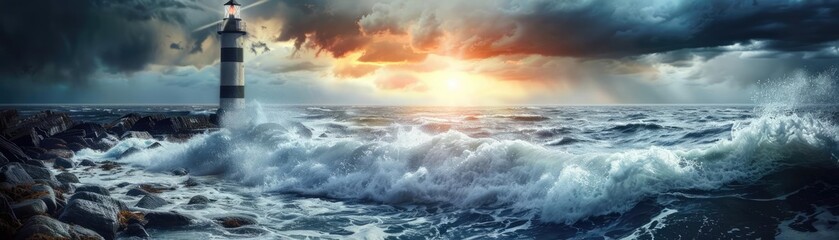 Fototapeta premium Dramatic lighthouse on rocky coast amidst stormy waves and a vibrant sunset, symbolizing guidance, resilience, and natural beauty.