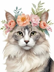 Balinese-Javanese Cat with Flower Crown Generative AI Illustration 