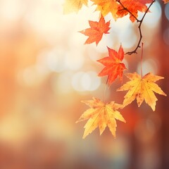 Fototapeta premium Autumn background with blurred autumn leaves and copy space. Generative AI.