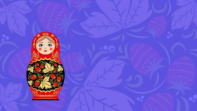 Animation, Russian wooden matryoshka doll on a colored background and on a chromakey.
