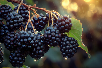 Fototapeta premium Fresh Blackberries on the Vine After Rain. Close-up of fresh blackberries hanging on the vine, covered in dew drops after rain, with sunlight filtering through