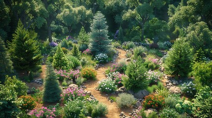 Aerial view of a lush, green garden with winding paths, blooming flowers and mature trees.