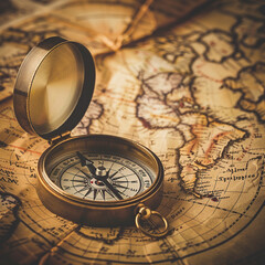 Old vintage retro compass on ancient map background. Travel geography navigation concept background