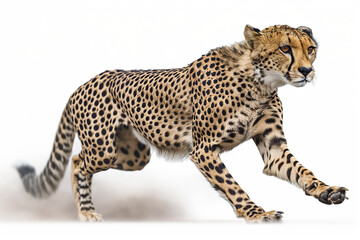 leopard in front of white background, Witness the raw power and agility of a running cheetah as it prepares to leap forward, captured in a full body length image against an isolated white background