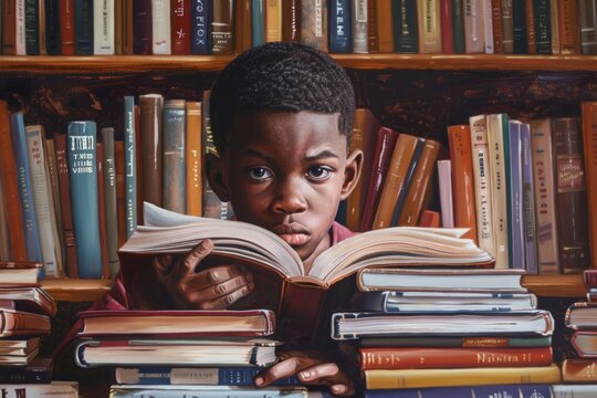 A portrait of a Black boy engrossed in reading a book