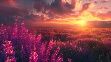 A field of purple flowers with a beautiful sunset in the background