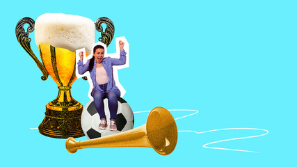 Poster. Contemporary art collage. Overjoyed woman sitting on ball against blue background with cup full of foamy beer. Trendy magazine style. Concept of soccer championship, fans, celebration. Ad