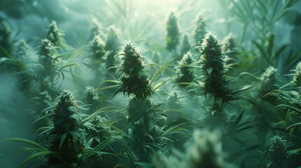 Sunbeams penetrate the smoke, illuminating the green hues of these cannabis plants in a greenhouse setting