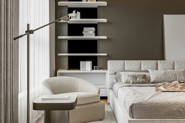 modern contemporary bedroom in white and gray tones. Double modern bed, and wall rack with books.