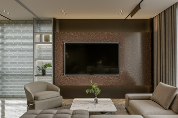 modern living room interior with stone wall and a sectional sofa, TV, and loft decoration